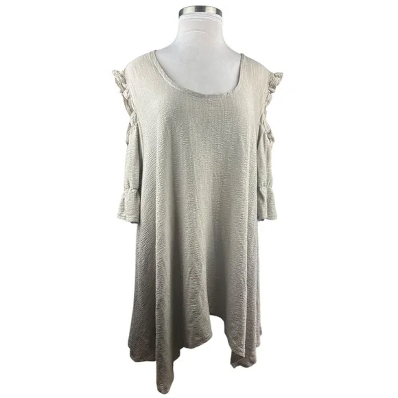 Farmhouse Frocks Cold Shoulder Lagonlook Oversized Tunic Top Tan Plus Size XXXL - Picture 4 of 16